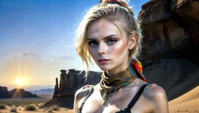 HQ,1girl,solo,breasts,looking at viewer,short hair,blue eyes,blonde hair,hair ornament,bare shoulders,jewelry,collarbone,upper body,ponytail,outdoors,parted lips,sky,day,necklace,scarf,bra,blue sky,lips,sunlight,portrait,rock,mountain,realistic,nose,sun,dirty,sunrise,desert,cleavage,medium breasts,teeth