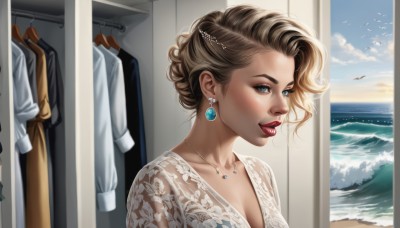 1girl,solo,breasts,looking at viewer,smile,short hair,blue eyes,blonde hair,brown hair,shirt,hair ornament,dress,cleavage,jewelry,medium breasts,collarbone,white shirt,upper body,earrings,parted lips,sky,day,cloud,indoors,water,necklace,white dress,lips,eyelashes,window,makeup,bird,ocean,beach,lipstick,gem,realistic,nose,red lips,waves,mascara,clothes hanger