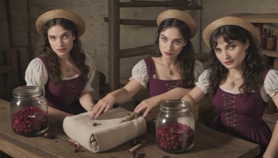 long hair,looking at viewer,smile,multiple girls,brown hair,black hair,hat,dress,brown eyes,jewelry,short sleeves,earrings,food,puffy sleeves,indoors,3girls,necklace,puffy short sleeves,lips,fruit,wavy hair,chair,table,bottle,corset,purple dress,pendant,straw hat,jar,cutting board,breasts,blue eyes,grey eyes,knife,realistic