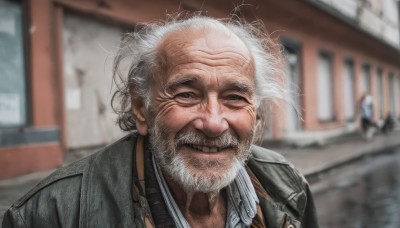 solo,looking at viewer,smile,shirt,1boy,jacket,upper body,white hair,male focus,outdoors,teeth,collared shirt,grin,blurry,black eyes,depth of field,blurry background,facial hair,messy hair,portrait,beard,realistic,mustache,manly,old,old man,wrinkled skin,grey hair,day,lips,black jacket,grey eyes,parody,brown jacket,leather,leather jacket,denim jacket