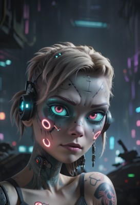 1girl,solo,looking at viewer,short hair,blonde hair,red eyes,bare shoulders,closed mouth,collarbone,upper body,ponytail,artist name,pink eyes,blurry,lips,eyelashes,tattoo,makeup,depth of field,blurry background,headphones,tank top,robot,lipstick,portrait,eyeshadow,freckles,science fiction,nose,android,spaghetti strap,eyeliner,joints,arm tattoo,shoulder tattoo,cyborg,robot joints,mascara,cyberpunk,neck tattoo,mechanical parts,brown hair,forehead,headset,asymmetrical hair,undercut,body writing,dirty,dirty face,neon lights,hologram