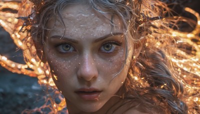 1girl,solo,long hair,looking at viewer,blue eyes,braid,grey hair,parted lips,blurry,lips,eyelashes,single braid,blurry background,portrait,close-up,freckles,realistic,brown eyes,closed mouth,yellow eyes,floating hair,depth of field,expressionless,nose