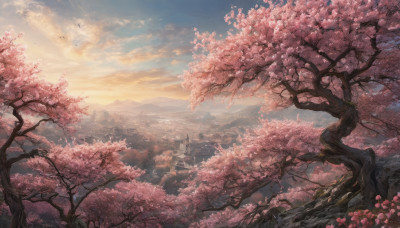 flower, outdoors, sky, cloud, tree, no humans, bird, cherry blossoms, building, scenery, pink flower, sunset, mountain, branch, landscape