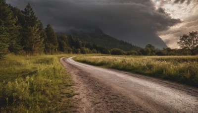 outdoors,sky,cloud,tree,no humans,cloudy sky,grass,nature,scenery,forest,mountain,road,field,landscape,path,hill