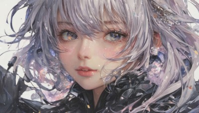 1girl,solo,long hair,looking at viewer,short hair,bangs,blue eyes,simple background,hair ornament,white background,hair between eyes,jewelry,white hair,grey hair,earrings,parted lips,grey background,lips,grey eyes,eyelashes,portrait,close-up,gloves,teeth,floating hair,realistic,nose