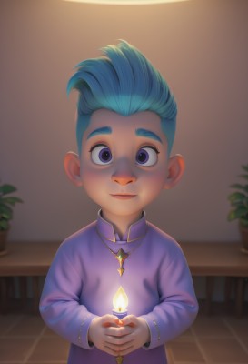 solo,looking at viewer,smile,short hair,blue eyes,long sleeves,1boy,holding,jewelry,closed mouth,blue hair,purple eyes,upper body,male focus,indoors,necklace,blurry,own hands together,fire,plant,child,potted plant,candle,male child,1girl,artist name,blurry background,table,robe,flame,floor,candlestand,candlelight