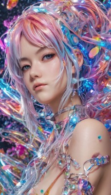 1girl,solo,long hair,breasts,looking at viewer,bangs,blue eyes,hair ornament,bare shoulders,jewelry,medium breasts,upper body,pink hair,multicolored hair,earrings,parted lips,choker,necklace,lips,grey eyes,gem,armlet,crystal,realistic,nose,cleavage,closed mouth,blue hair,sidelocks,artist name,from side,parted bangs,looking to the side,eyelashes,gradient hair,watermark,portrait