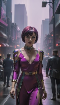 1girl,breasts,looking at viewer,short hair,bangs,dress,cleavage,brown eyes,jewelry,medium breasts,closed mouth,standing,jacket,purple hair,earrings,outdoors,multiple boys,solo focus,choker,belt,pants,2boys,blurry,bracelet,lips,makeup,blurry background,formal,bob cut,ring,3boys,lipstick,building,purple dress,side slit,walking,city,realistic,nose,arms at sides,red lips,road,asymmetrical clothes,street,cyberpunk,black hair,nail polish,collar,piercing,black nails,purple nails