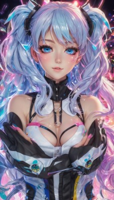 1girl,solo,long hair,breasts,looking at viewer,blush,smile,bangs,blue eyes,hair ornament,gloves,cleavage,bare shoulders,twintails,jewelry,medium breasts,blue hair,jacket,upper body,multicolored hair,earrings,parted lips,shiny,off shoulder,nail polish,lips,fingernails,shiny skin,clothing cutout,eyelashes,detached collar,crossed arms,pink nails,breast hold,zipper,hatsune miku,very long hair,pink hair,black gloves,elbow gloves,fingerless gloves,gradient hair,partially fingerless gloves,pink lips