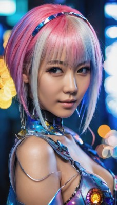 1girl,solo,breasts,looking at viewer,smile,short hair,bangs,cleavage,bare shoulders,jewelry,medium breasts,closed mouth,upper body,pink hair,white hair,multicolored hair,hairband,choker,blurry,black eyes,from side,two-tone hair,lips,looking to the side,grey eyes,makeup,blurry background,realistic,nose,swimsuit,bikini,earrings,cyberpunk