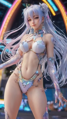 1girl,solo,long hair,breasts,looking at viewer,bangs,large breasts,thighhighs,gloves,navel,cleavage,hair between eyes,bare shoulders,twintails,jewelry,medium breasts,green eyes,standing,swimsuit,white hair,bikini,thighs,earrings,parted lips,elbow gloves,white gloves,hair bun,blurry,white thighhighs,two side up,lips,grey eyes,double bun,blurry background,ass visible through thighs,piercing,revealing clothes,bridal gauntlets,realistic,navel piercing,smile,hair ornament,cowboy shot,detached sleeves,artist name,fingerless gloves,leotard,see-through,science fiction,partially fingerless gloves