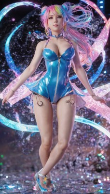 1girl,solo,long hair,breasts,looking at viewer,blue eyes,blonde hair,large breasts,dress,cleavage,bare shoulders,jewelry,medium breasts,blue hair,standing,full body,pink hair,multicolored hair,parted lips,choker,high heels,bracelet,leotard,lips,legs,bare legs,blue dress,zipper,realistic,blue leotard,hair ornament,earrings,two-tone hair,makeup,short dress,sandals