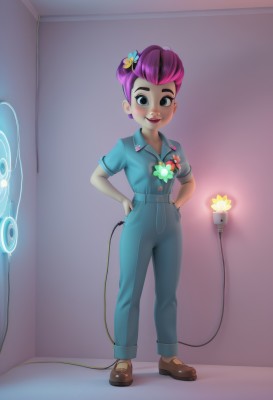 1girl,solo,looking at viewer,blush,smile,short hair,shirt,hair ornament,brown eyes,standing,full body,pink hair,purple hair,flower,short sleeves,multicolored hair,shoes,teeth,belt,pants,indoors,hair flower,black eyes,two-tone hair,lips,makeup,glowing,brown footwear,blue shirt,lipstick,child,freckles,hands on hips,cable,badge,open mouth,jewelry,earrings,collared shirt,artist name,hair bun,mole,mole under eye,watermark,single hair bun,hands in pockets,overalls