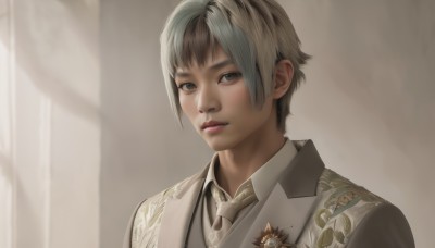 solo,looking at viewer,short hair,bangs,shirt,1boy,brown eyes,jacket,upper body,grey hair,male focus,multicolored hair,parted lips,necktie,collared shirt,two-tone hair,lips,grey eyes,formal,white jacket,suit,portrait,realistic,nose,white necktie,1girl,blonde hair,simple background,closed mouth,grey background,close-up