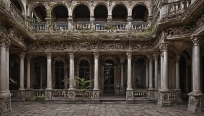 outdoors,indoors,no humans,window,grass,plant,building,scenery,stairs,door,architecture,ruins,vines,pillar,statue,church,arch,column,multiple girls,tree,fantasy,potted plant,pavement