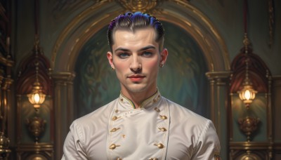 solo,looking at viewer,smile,short hair,blue eyes,black hair,1boy,jewelry,closed mouth,white shirt,upper body,grey hair,male focus,multicolored hair,earrings,indoors,black eyes,two-tone hair,lips,buttons,facial hair,realistic,old,shirt,blue hair,purple hair,artist name,piercing,portrait,beard,stud earrings,undercut,chef