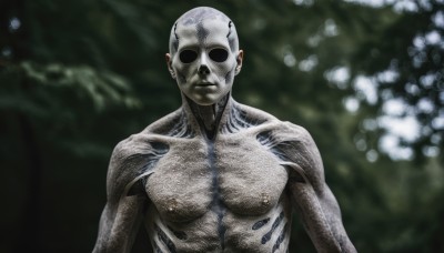 solo,looking at viewer,1boy,closed mouth,nipples,upper body,male focus,blurry,mask,muscular,blurry background,colored skin,piercing,pectorals,realistic,bald,alien,what,no humans,depth of field,nature,veins,horror (theme)