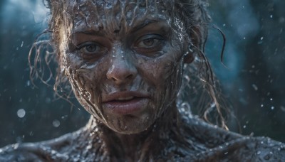 1girl,solo,long hair,looking at viewer,blonde hair,brown eyes,ponytail,parted lips,teeth,water,blurry,lips,blurry background,portrait,snowing,realistic,black hair,depth of field,close-up,freckles