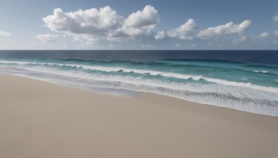 outdoors,sky,day,cloud,water,blue sky,no humans,ocean,beach,scenery,sand,horizon,waves,shore,monochrome,cloudy sky