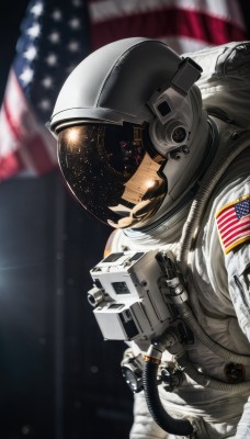 solo,upper body,blurry,from side,military,depth of field,blurry background,helmet,1other,science fiction,realistic,camera,space,ambiguous gender,american flag,spacesuit,japanese flag,space helmet,united states,astronaut,1boy,male focus,star (symbol),star (sky),machinery,reflection,cable,planet,spacecraft,pilot