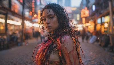 1girl,solo,long hair,breasts,black hair,upper body,outdoors,parted lips,solo focus,blurry,black eyes,lips,torn clothes,blood,depth of field,blurry background,messy hair,freckles,city,realistic,nose,road,street,looking at viewer,medium breasts,dark skin,scarf,from side,dark-skinned female,night,ground vehicle,motor vehicle,curly hair,blood on face,blood on arm