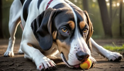 HQ,looking at viewer,brown eyes,full body,outdoors,food,day,tongue,tongue out,blurry,no humans,fruit,depth of field,blurry background,animal,claws,dog,realistic,animal focus,solo,yellow eyes,signature,collar,mouth hold,grass,animal collar