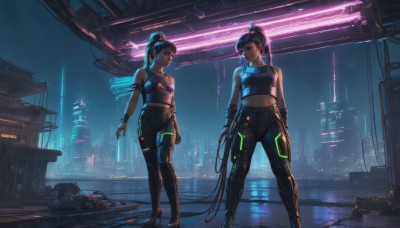 long hair,breasts,bangs,multiple girls,black hair,hair ornament,navel,2girls,bare shoulders,standing,ponytail,small breasts,midriff,pants,indoors,crop top,tattoo,night,black pants,high ponytail,building,science fiction,city,android,cable,dark,cyborg,neon trim,cyberpunk,neon lights,short hair,jewelry,purple hair,earrings,sleeveless,lips,tank top,backlighting,nose,cityscape,skyscraper