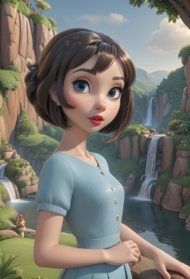 1girl,solo,breasts,looking at viewer,smile,short hair,bangs,blue eyes,skirt,brown hair,shirt,dress,upper body,short sleeves,small breasts,outdoors,parted lips,sky,day,puffy sleeves,artist name,cloud,signature,water,from side,tree,blue sky,puffy short sleeves,lips,blue skirt,book,eyelashes,makeup,buttons,blue dress,watermark,grass,blue shirt,plant,lipstick,nature,freckles,rock,mountain,nose,red lips,mushroom,river,waterfall,blush,sunlight,web address,headwear removed,hat removed