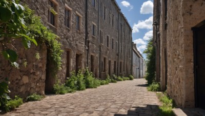 outdoors,sky,day,cloud,tree,blue sky,no humans,window,cloudy sky,grass,plant,building,scenery,door,road,bush,wall,ruins,shadow,leaf,house,path