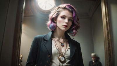 1girl,breasts,short hair,blue eyes,shirt,1boy,hat,cleavage,jewelry,collarbone,jacket,white shirt,upper body,pink hair,purple hair,multicolored hair,earrings,parted lips,open clothes,teeth,solo focus,artist name,indoors,necklace,blurry,two-tone hair,open jacket,lips,black jacket,looking to the side,makeup,buttons,depth of field,looking away,formal,blazer,suit,lipstick,blue jacket,gem,pendant,freckles,reflection,watch,mirror,realistic,nose,clock,red lips,wristwatch,fedora,pocket watch,denim jacket,wall clock,solo,looking at viewer,medium breasts,portrait (object)