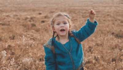 1girl,solo,looking at viewer,open mouth,blue eyes,blonde hair,shirt,hair ornament,long sleeves,jacket,upper body,outdoors,teeth,hand up,blurry,arm up,looking up,blue shirt,child,realistic,long hair,dress,braid,twin braids,aged down,female child,field