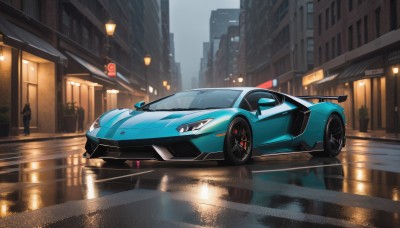 outdoors,sky,no humans,window,night,ground vehicle,building,scenery,motor vehicle,reflection,rain,city,sign,car,road,vehicle focus,lamppost,street,skyscraper,sports car,lights,wheel