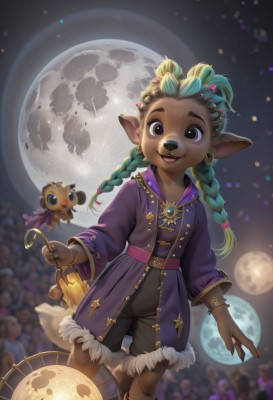 1girl,long hair,looking at viewer,smile,open mouth,hair ornament,holding,animal ears,brown eyes,jewelry,braid,:d,multicolored hair,earrings,green hair,shorts,teeth,solo focus,pointy ears,belt,dark skin,necklace,blurry,twin braids,bracelet,coat,fur trim,night,blurry background,black shorts,moon,furry,full moon,walking,furry female,body fur,animal nose,brown fur,buck teeth,solo,long sleeves,standing,tail,boots,sky,artist name,flat chest,dark-skinned female,feet out of frame,upper teeth only,night sky,single earring,hoop earrings,very dark skin