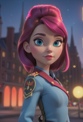 1girl,solo,breasts,looking at viewer,blush,smile,short hair,bangs,blue eyes,shirt,long sleeves,closed mouth,upper body,pink hair,red hair,small breasts,outdoors,sky,belt,artist name,medium hair,blurry,uniform,from side,lips,military,eyelashes,military uniform,makeup,night,blurry background,swept bangs,thick eyebrows,lipstick,building,star (sky),night sky,freckles,pink lips,city,nose,red lips,badge,police,lamppost,police uniform,policewoman,mascara,aqua eyes,depth of field,watermark,aged down,blue shirt,web address,epaulettes,emblem,medal