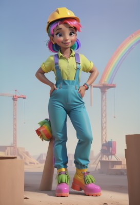 1girl,solo,looking at viewer,blush,smile,short hair,shirt,hat,brown eyes,jewelry,closed mouth,standing,full body,pink hair,purple hair,short sleeves,multicolored hair,earrings,boots,outdoors,sky,day,collared shirt,pants,dark skin,bracelet,two-tone hair,dark-skinned female,blue sky,suspenders,child,personification,hands on hips,yellow shirt,female child,overalls,rainbow,red hair,shoes,nail polish,lips,buttons,helmet,hands in pockets,pink footwear,blue pants,yellow headwear,desert,blue overalls