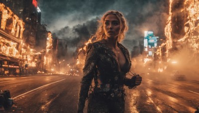 1girl,solo,long hair,breasts,blonde hair,large breasts,cleavage,medium breasts,jacket,outdoors,sky,solo focus,belt,cloud,lips,bodysuit,fire,ground vehicle,building,motor vehicle,smoke,science fiction,city,realistic,car,road,explosion,burning,looking at viewer,gloves,holding,signature,fingerless gloves,night,cloudy sky,sign,black bodysuit,unzipped,street