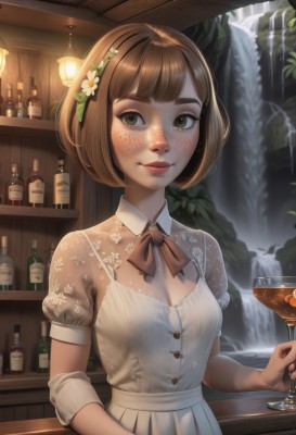 1girl,solo,breasts,looking at viewer,smile,short hair,bangs,brown hair,hair ornament,dress,bow,ribbon,holding,cleavage,brown eyes,medium breasts,closed mouth,green eyes,upper body,flower,short sleeves,small breasts,puffy sleeves,artist name,indoors,hair flower,water,white dress,cup,puffy short sleeves,lips,see-through,bob cut,bottle,alcohol,drinking glass,freckles,realistic,nose,glass,shelf,waterfall,bar (place),counter,whiskey