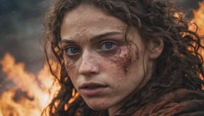 1girl,solo,long hair,looking at viewer,blue eyes,brown hair,black hair,brown eyes,parted lips,blurry,lips,blurry background,wavy hair,fire,portrait,close-up,freckles,curly hair,realistic,nose,dirty,dirty face,burning,sweat,eyelashes,blood,messy hair,blood on face