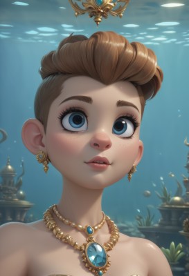 1girl,solo,breasts,short hair,blue eyes,brown hair,dress,bare shoulders,jewelry,collarbone,upper body,earrings,parted lips,teeth,necklace,lips,eyelashes,strapless,gem,freckles,bubble,underwater,air bubble,looking at viewer,smile,artist name,thick eyebrows,portrait,fish,shell,coral,aquarium