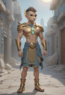 solo,looking at viewer,smile,short hair,blue eyes,brown hair,1boy,navel,jewelry,closed mouth,nipples,standing,full body,male focus,earrings,outdoors,sky,shorts,day,pointy ears,artist name,stomach,armor,muscular,shadow,piercing,abs,sandals,pectorals,muscular male,shoulder armor,building,bara,large pectorals,pauldrons,topless male,city,sun,bracer,bare pectorals,alley,green eyes,necklace,spiked hair,gauntlets,child,vambraces,male child