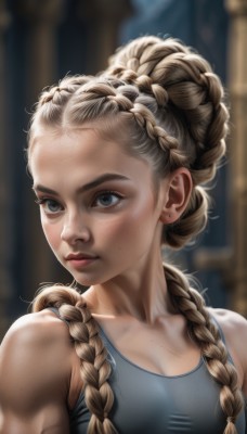 1girl,solo,long hair,breasts,blonde hair,brown hair,cleavage,bare shoulders,jewelry,closed mouth,collarbone,upper body,braid,earrings,small breasts,artist name,hair bun,mole,blurry,twin braids,lips,looking to the side,grey eyes,muscular,blurry background,looking away,tank top,hair over shoulder,forehead,freckles,sports bra,realistic,nose,stud earrings,blue eyes,medium breasts,eyelashes,thick eyebrows