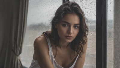 1girl,solo,long hair,breasts,looking at viewer,brown hair,shirt,black hair,cleavage,bare shoulders,brown eyes,medium breasts,white shirt,upper body,parted lips,sleeveless,indoors,dark skin,blurry,dark-skinned female,lips,wet,window,tank top,curtains,messy hair,rain,water drop,realistic,nose,wet hair,white tank top,dress,collarbone,white dress,looking to the side,freckles