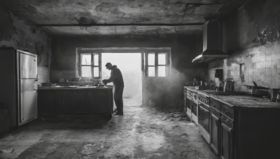 solo,short hair,1boy,standing,monochrome,greyscale,male focus,indoors,window,scenery,wide shot,kitchen,sink,cabinet,stove,long sleeves,holding,tiles,cooking,tile wall,horror (theme),spatula,faucet