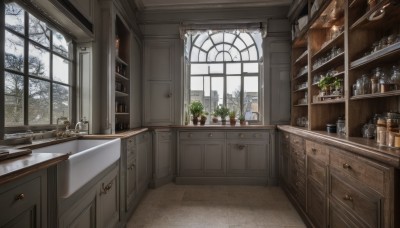 day,indoors,tree,cup,book,no humans,window,table,bottle,plant,scenery,snow,door,potted plant,bathroom,bathtub,shelf,bare tree,kitchen,sink,faucet,cabinet,desk,bookshelf,candle,winter,jar,drawer,candlestand,kettle