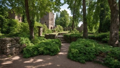 outdoors,sky,day,cloud,tree,no humans,shadow,sunlight,grass,plant,building,nature,scenery,forest,stairs,road,bush,shade,wall,ruins,house,dappled sunlight,path,tree shade,blue sky,brick wall,stone wall,brick