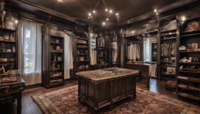 indoors,cup,book,no humans,window,chair,table,sunlight,bottle,curtains,box,scenery,wooden floor,door,clock,bookshelf,light,lamp,stool,shelf,ceiling,carpet,ceiling light,rug,cabinet,chandelier,fantasy,candle,jar,shop,still life,treasure chest,loaded interior