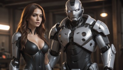 1girl,long hair,breasts,looking at viewer,brown hair,1boy,cleavage,brown eyes,medium breasts,upper body,armor,blurry,lips,bodysuit,blurry background,wavy hair,robot,science fiction,cyborg,humanoid robot,large breasts,collarbone,indoors,realistic,white eyes,power armor,cyberpunk