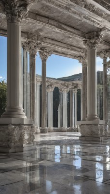 outdoors,sky,day,cloud,water,tree,blue sky,no humans,scenery,reflection,architecture,ruins,pillar,statue,arch,reflective floor,column,reflective water,sunlight,plant