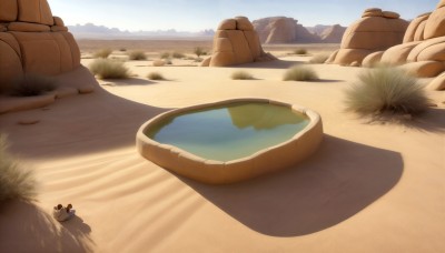 HQ,outdoors,sky,day,water,blue sky,no humans,shadow,beach,grass,scenery,reflection,rock,sand,desert,1boy,mountain,footprints