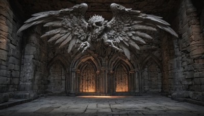 solo,wings,indoors,no humans,window,shadow,sunlight,scenery,feathered wings,angel wings,stairs,door,angel,brick wall,pillar,statue,arch,stone floor,fire,ruins,multiple wings,spread wings